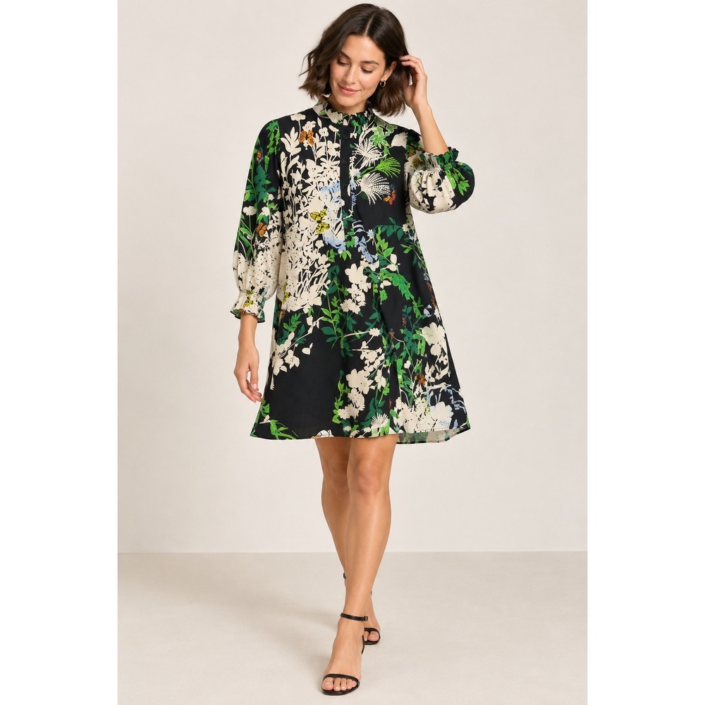 Flora Bea NYC Botanical Butterfly Print Mini Dress Black Size Medium